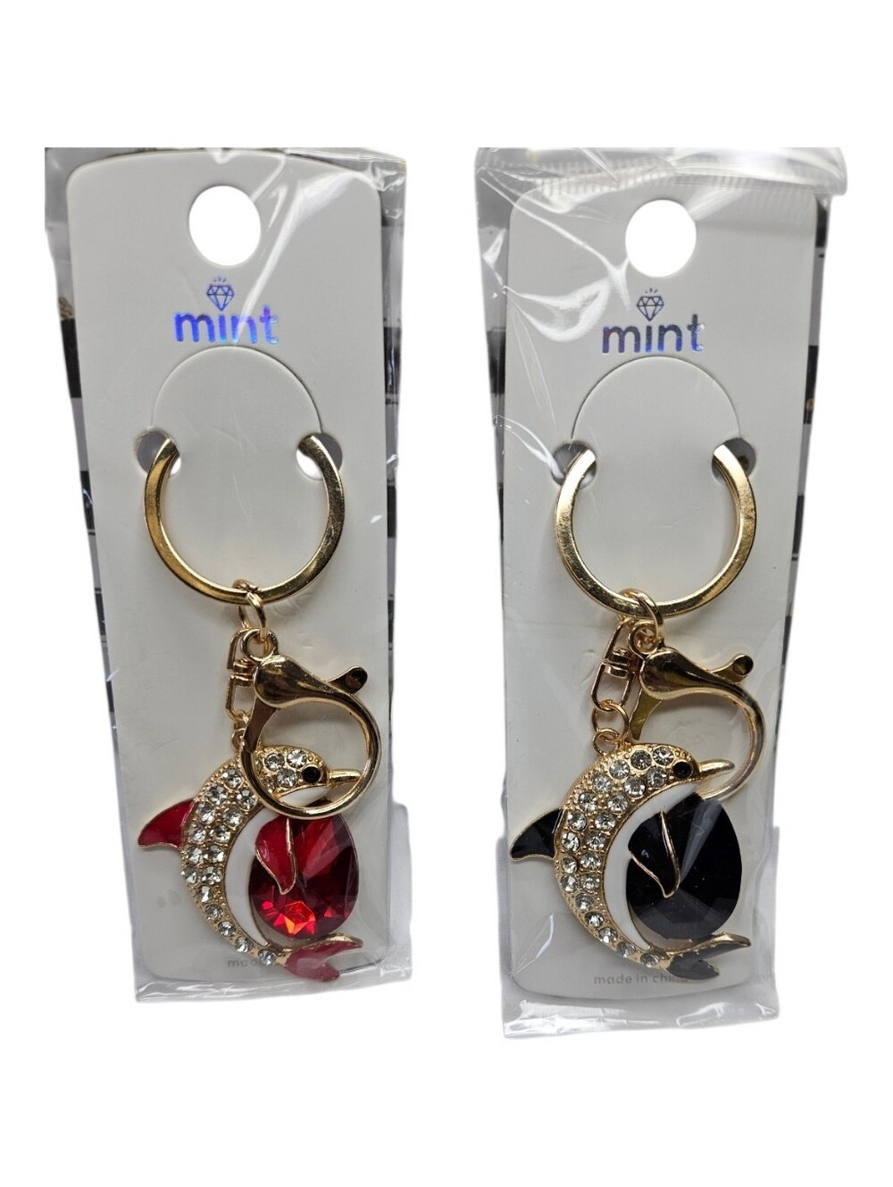 Pick 1 Dolphin Rhinestone Keychain Purse Charm Gold Tone Red or Black Crystal